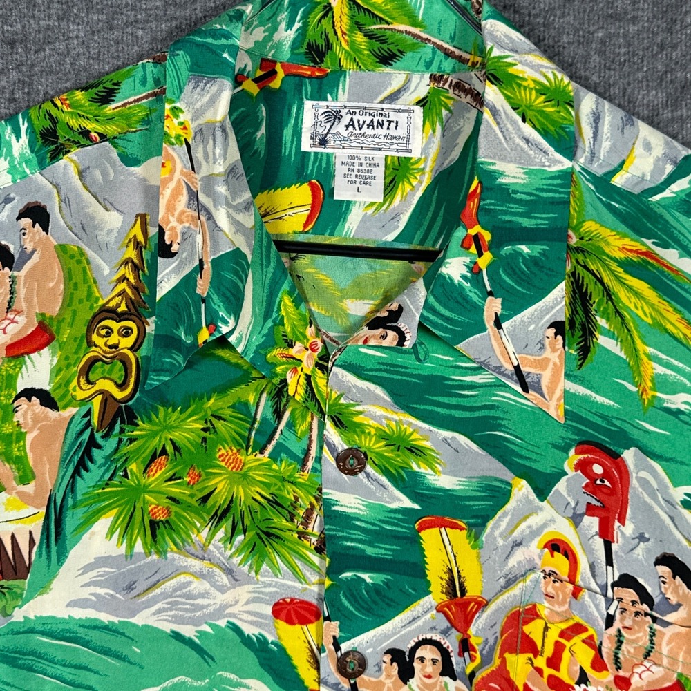 Avanti Hawaiian Shirt Mens Large Green Silk Aloha Tiki Tropical Island Camp Loop